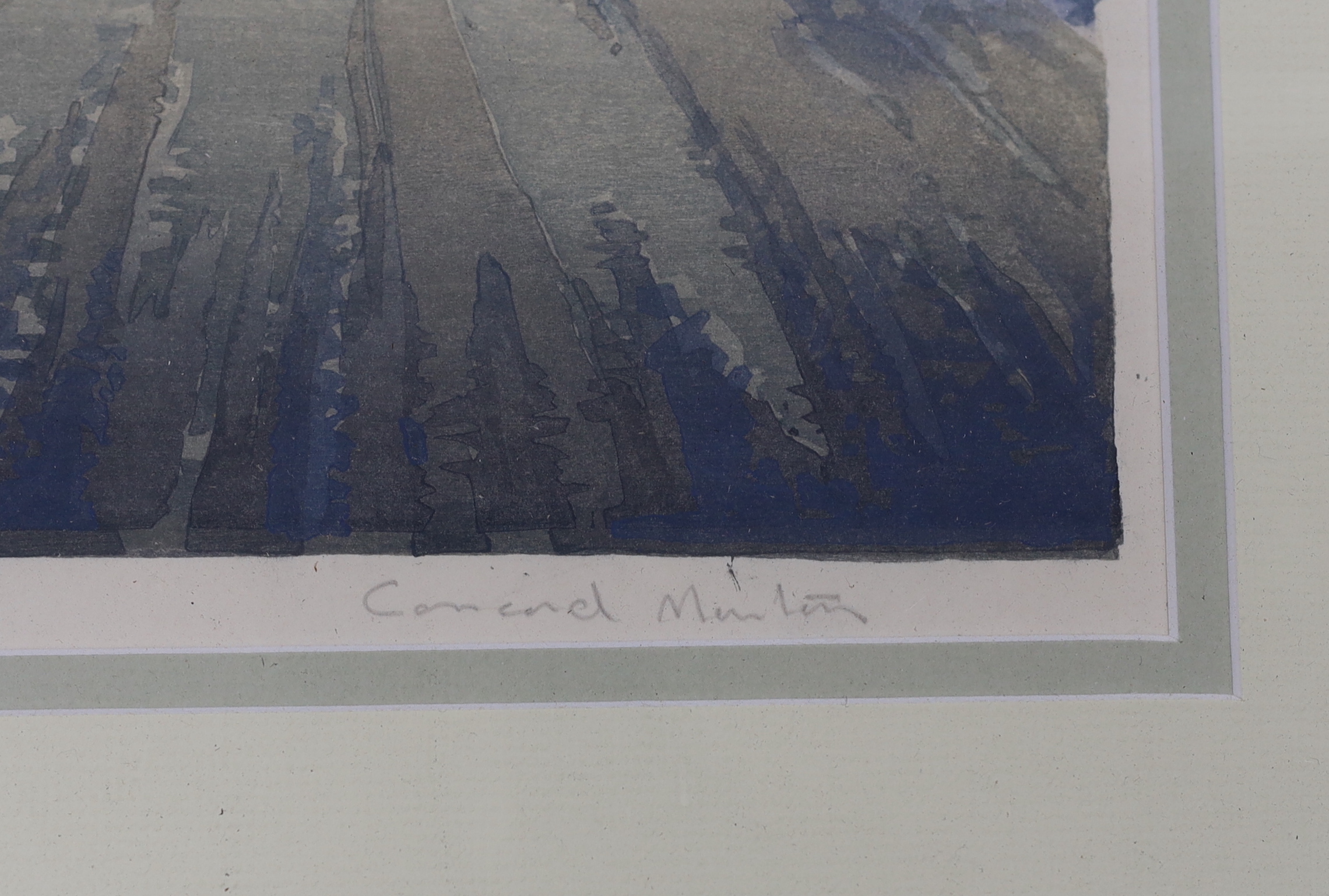 Pair of colour prints, Panoramic river landscape and Woodland, indistinctly signed in pencil possibly Cavendish Morton, 41 x 53cm